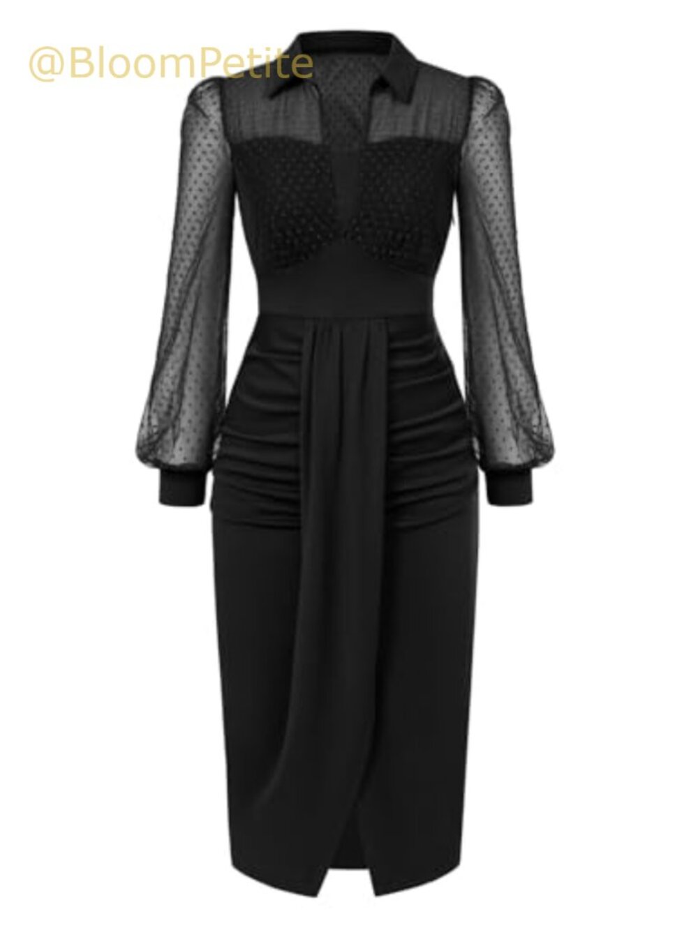 Vintage Ruched Mesh Long Sleeve Bodycon Midi Dress Work Cocktail